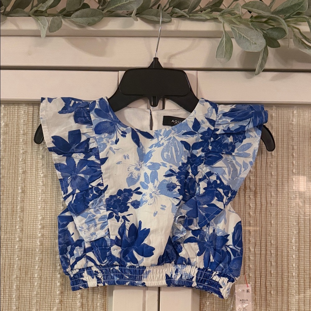 Aqua Girls Blue and White Floral Top Girls - NWT